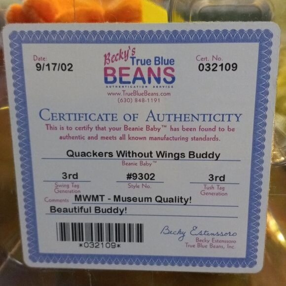 Ty Beanie Buddy Wingless Quackers Plush Duck New Authenticated Museum Quality - Picture 7 of 7